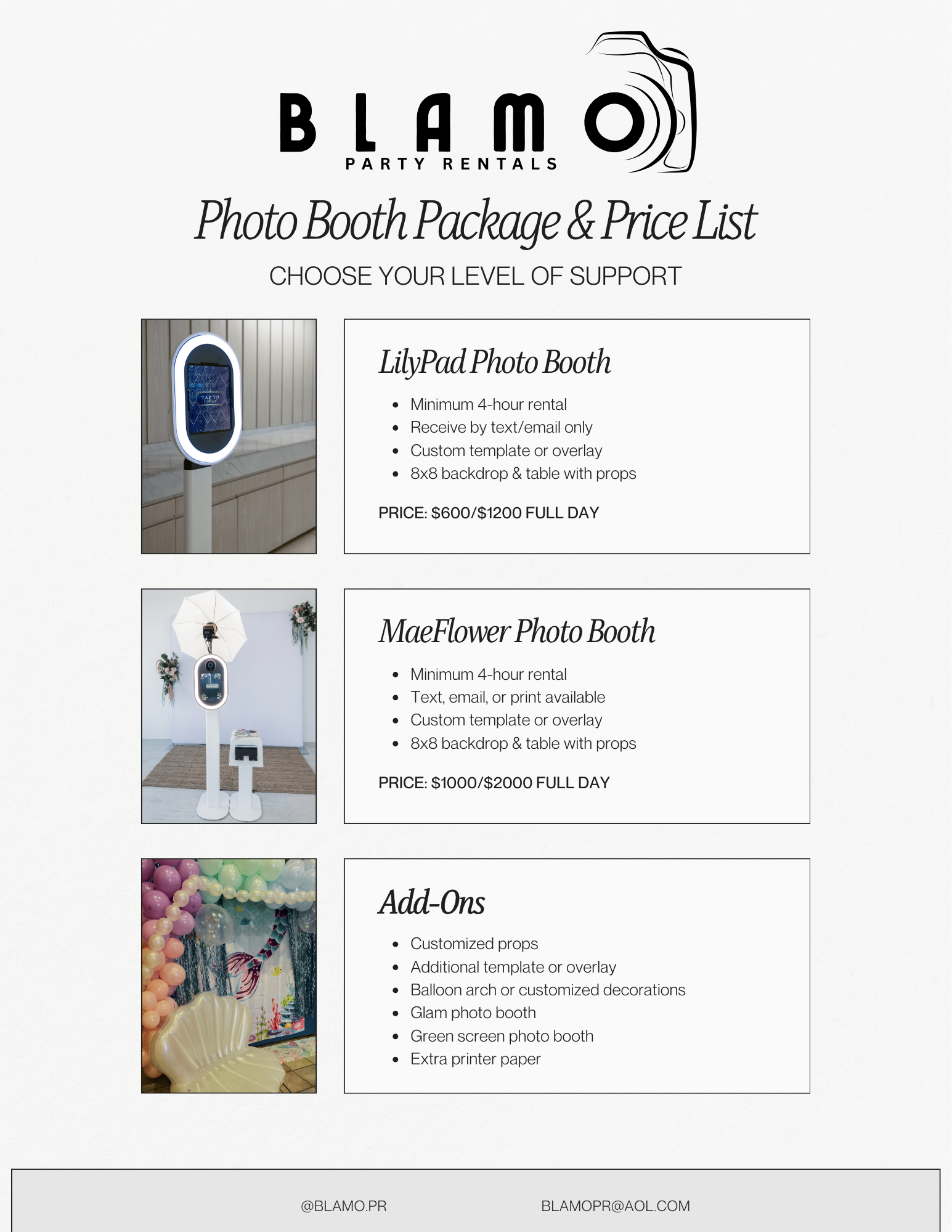 Blamo Price Sheet